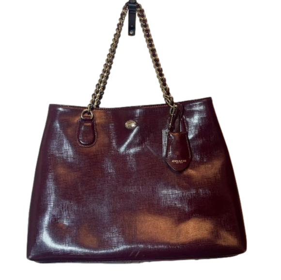 Women's Coach Maroon Leather Tote Bag with Gold Chain - Picture 3 of 15